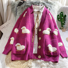 Load image into Gallery viewer, knitwear Autumn Winter Knitted Female Cardigan Loose Streetwear Knit Sweater Coat Cute Cartoon Print V Neck knitted cardigan Women Jacket

